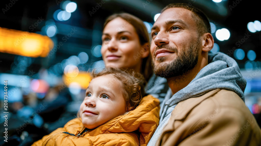 Fototapeta premium Smiling interracial parents sit with their toddler in an airport terminal, capturing joyful family travel, diversity and vacation anticipation