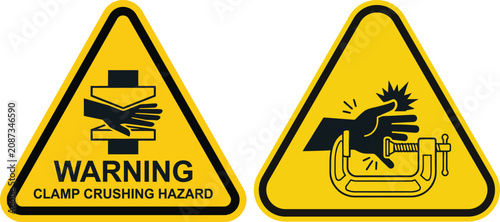 Foto Clamp crushing hazard warning sign icons showing hand pinch injury risk vector