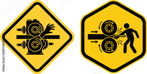 Foto Machine roller crushing hazard safety signs depicting hand entrapment risk in fa