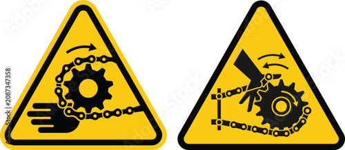 Chain and sprocket drive entanglement hazard warning signs for machinery safety compliance