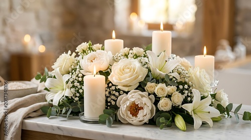 White flower centerpiece with candles and linen cloth on stone table for event styling centerpiece decoration arrangement interior aesthetic romantic botanical celebration blooming tabletop