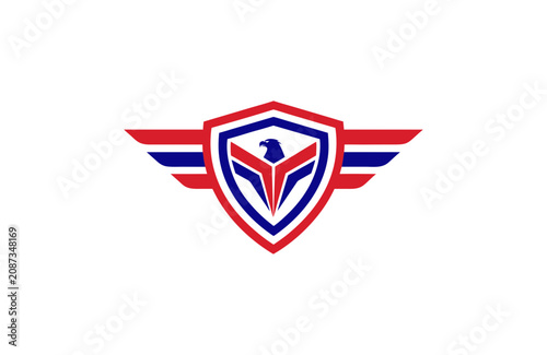 Dynamic Eagle Head Shield with Wings Vector Logo Template Red White Blue Colors for American Sports Military Security Brand Identity Design
