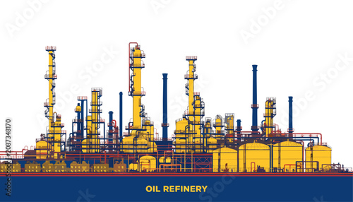 Very beautiful  realistic vector illustration of an oil refinery industrial complex featuring a bold label reading 