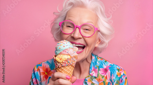 Cheerful grandmother eating colorful ice cream cone against pink background. Senior woman with white hair wearing bright glasses and floral shirt enjoying summer treat.