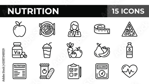 Cuadro en lienzo Nutrition line icons set, 15 healthy diet vector elements, food and wellness out