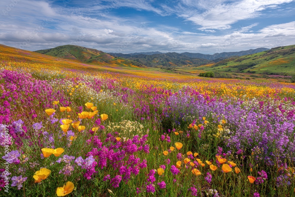 Obraz premium Colorful wildflower meadow after spring rain with rolling hills