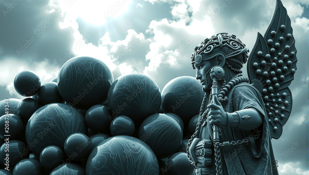 Obraz premium Angelic Guardian Beside Intricate Spheres Under Dramatic Sky