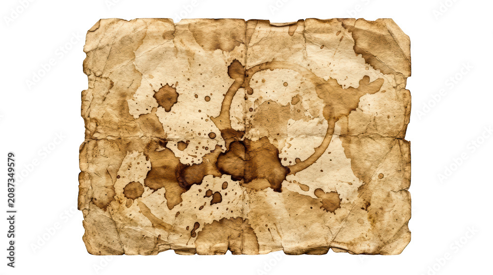 Fototapeta premium Old vintage paper texture with coffee stains and creases isolated on transparent background