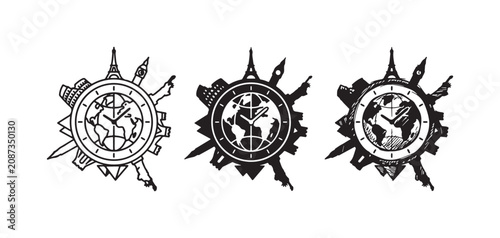 Global Time and Travel Emblem Icon Set with World Map and Famous Landmarks