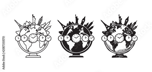 World Time Zones and Travel Landmarks Icon Set in Outline, Solid, and Hand-Drawn Styles