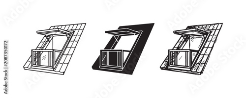 Foto Open Attic Window (Dormer Window) on a Tiled Roof Icon Set in Line Art, Silhouet