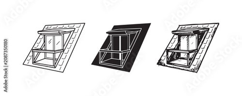 Foto Open Attic Window (Dormer Window) with Side Panels on a Tiled Roof Icon Set in L