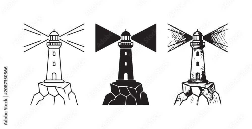 Fototapeta premium Lighthouse on Rocky Outcrop with Light Beams Icon Set: Outline, Solid, and Hand-Drawn Styles