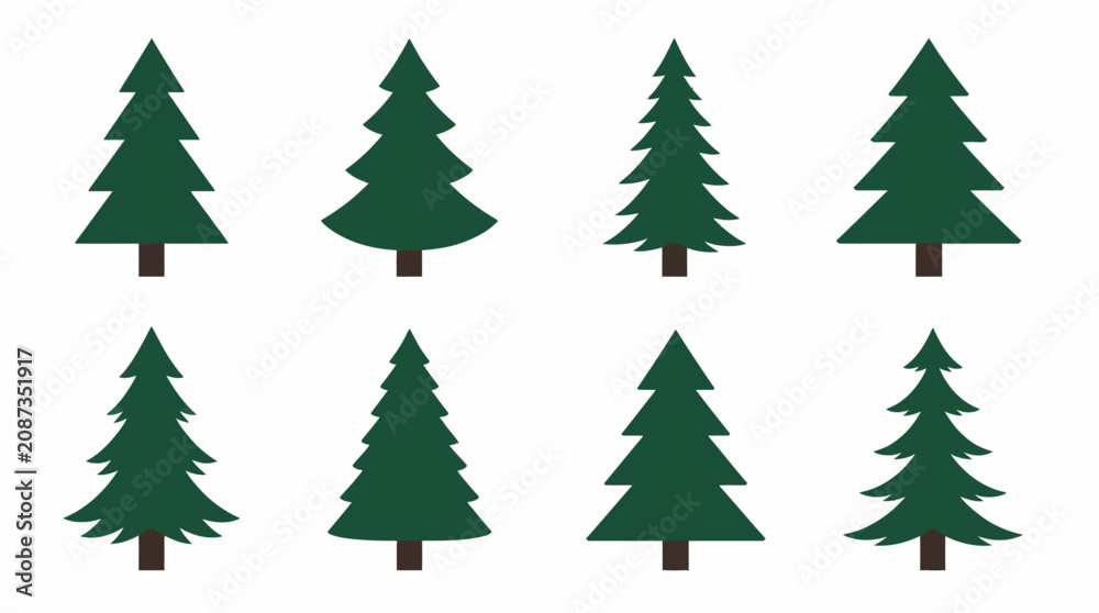 Fototapeta premium Minimalist green pine and fir tree icons.
