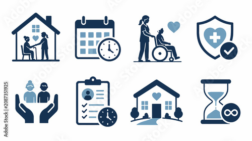 Blue elderly care and home nursing icons