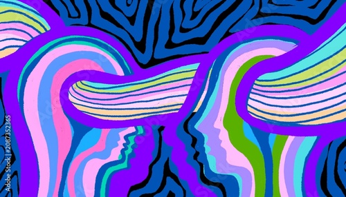 Rappresentazione psichedelica di empatia e dialogo tra profili umani