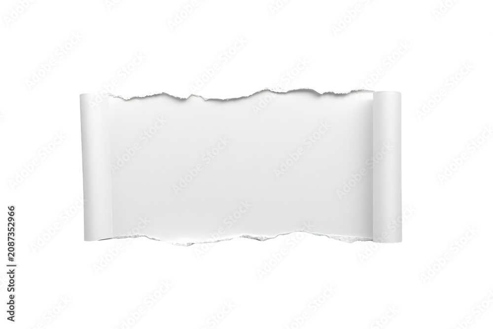 Fototapeta premium Torn paper roll edge with ripped textured blank white sheet, creating a frame effect on transparency background