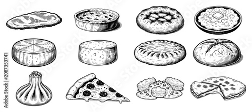 Cuadro en lienzo Savory food selection featuring pizza cheese and traditional dumplings in vintag