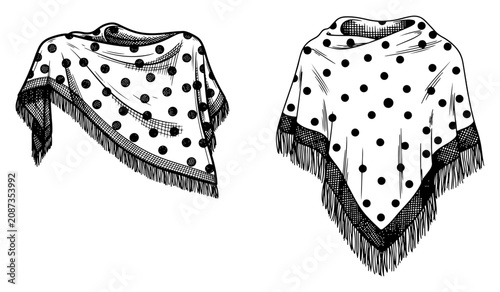 Fotografía Traditional spanish shawls with polka dot pattern and fringe in vintage engravin