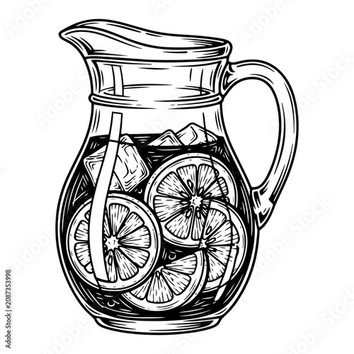 Sangria pitcher filled with sliced oranges and ice in vintage engraving style