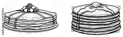 Stack of pancakes with syrup and crepes with berries in vintage engraving style
