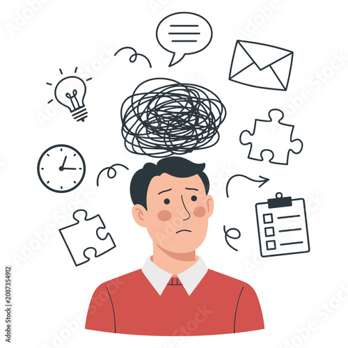 Quadro em tela Man with confused thoughts and ideas floating around his head in a chaotic mess