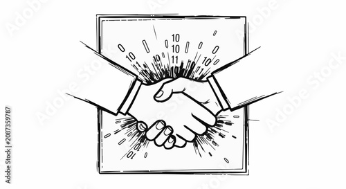 Digital handshake symbolizing technology partnership and collaboration, emerging from a square frame.