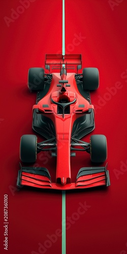 High angle top view of a red professional racing car centered on a vibrant red background with a thin teal line running vertically through the composition.