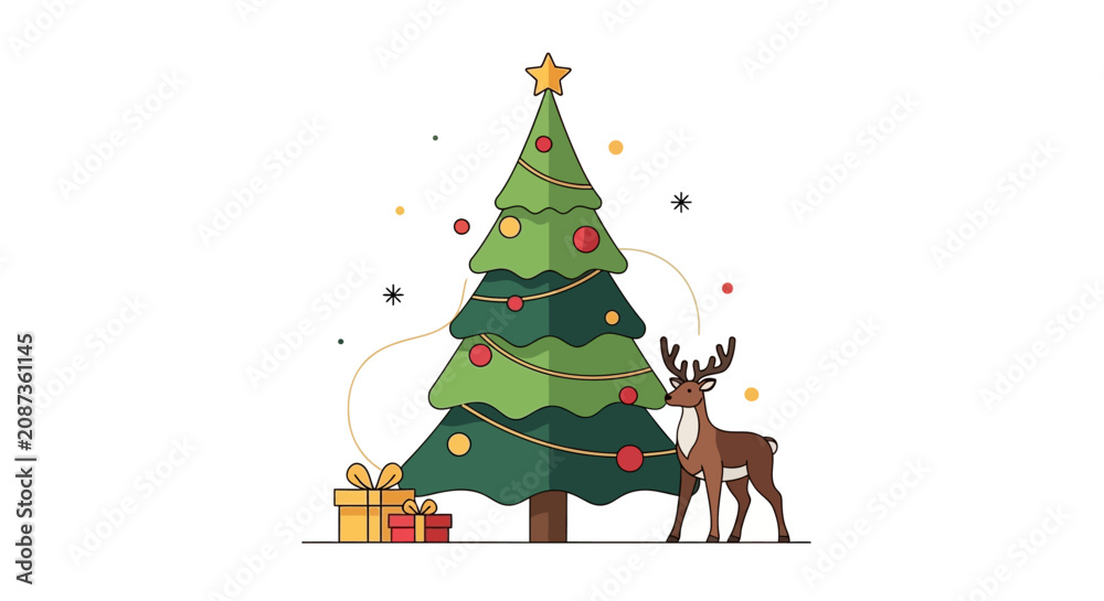 Naklejka premium Festive Christmas Tree with Reindeer and Gifts Illustration