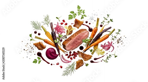 Gourmet Roasted Duck Fillet with Colorful Baby Carrots Herbs and Pomegranate Seeds Flying on White Background