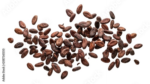 Falling roasted cocoa beans isolated on white background, organic seeds for chocolate and natural aromatic food design.