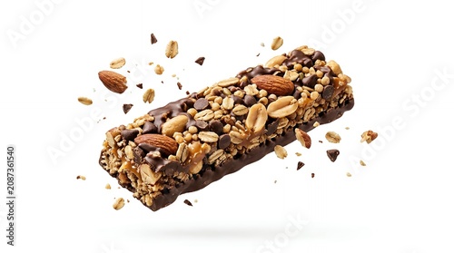 Crunchy Granola Energy Bar with Almonds Peanuts and Chocolate Chips Floating on White Background Studio Food Shot