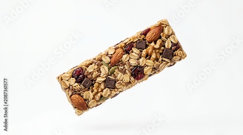 Healthy Energy Granola Bar with Almonds Walnuts Pumpkin Seeds and Chocolate Isolated on White Background