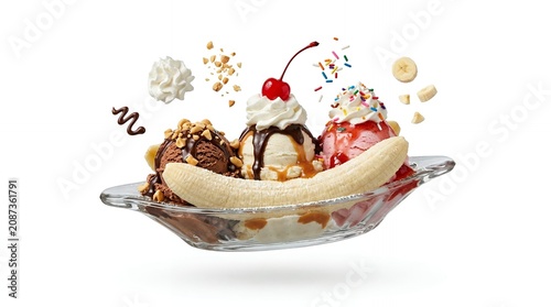 Gourmet Banana Split Ice Cream Sundae with Three Scoops and Flying Ingredients Isolated on White