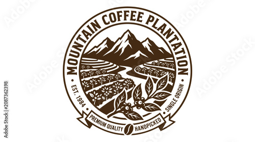 Foto Mountain coffee plantation circular badge logo with mountains.