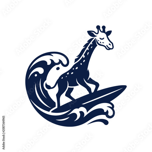 Photography Giraffe surfing on a large ocean wave vector illustration.