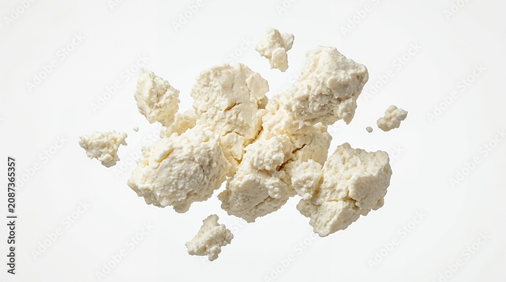 Obraz premium Premium natural white curd cheese pieces floating in air isolated on white for healthy dairy design