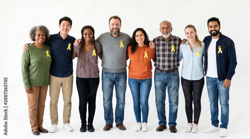 Obraz premium Diverse group of people wearing yellow ribbons for awareness and support