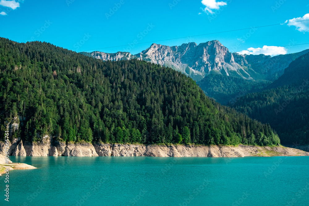Fototapeta premium Turquoise alpine lake surrounded by forest and mountains in the Dolomites, Italy
