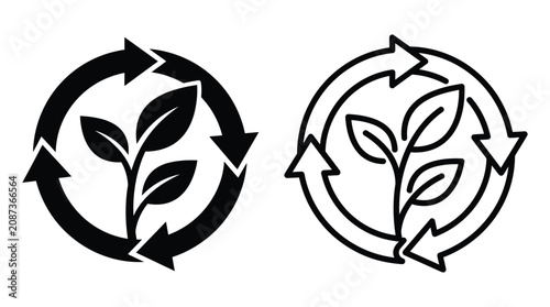 Konstfotografi Recycling Symbol With Sprout Icon Black And White Line Art