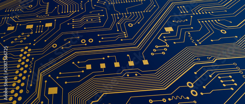 Modern nanotechnologies. Electronic circuit board close up. Illustration. Panorama