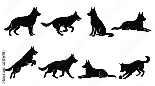 German Shepherd Dog Silhouettes Black Vector Illustration On White Background