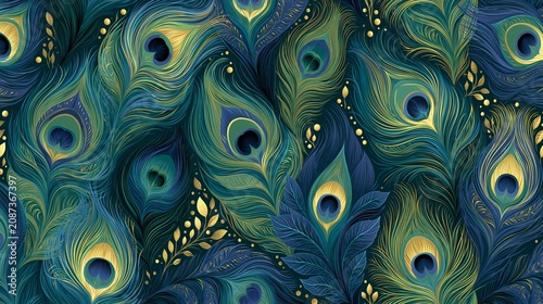 Peacock feathers create a repeating pattern on a dark background. This modern design works for banners, gift wrap, and clothing prints.