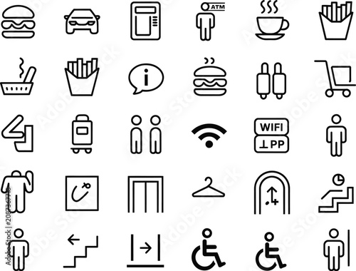 Black line icon set for public services amenities and accessibility features illustration