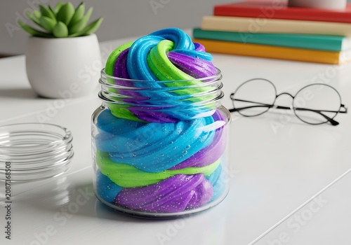 Colorful slime in a glass jar on a white table