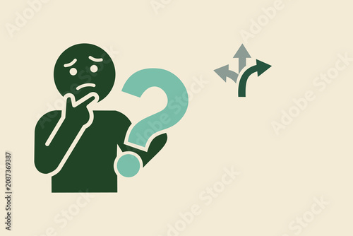 Pensive Person With Question Mark Facing Multiple Direction Arrows Representing Choice And Decision