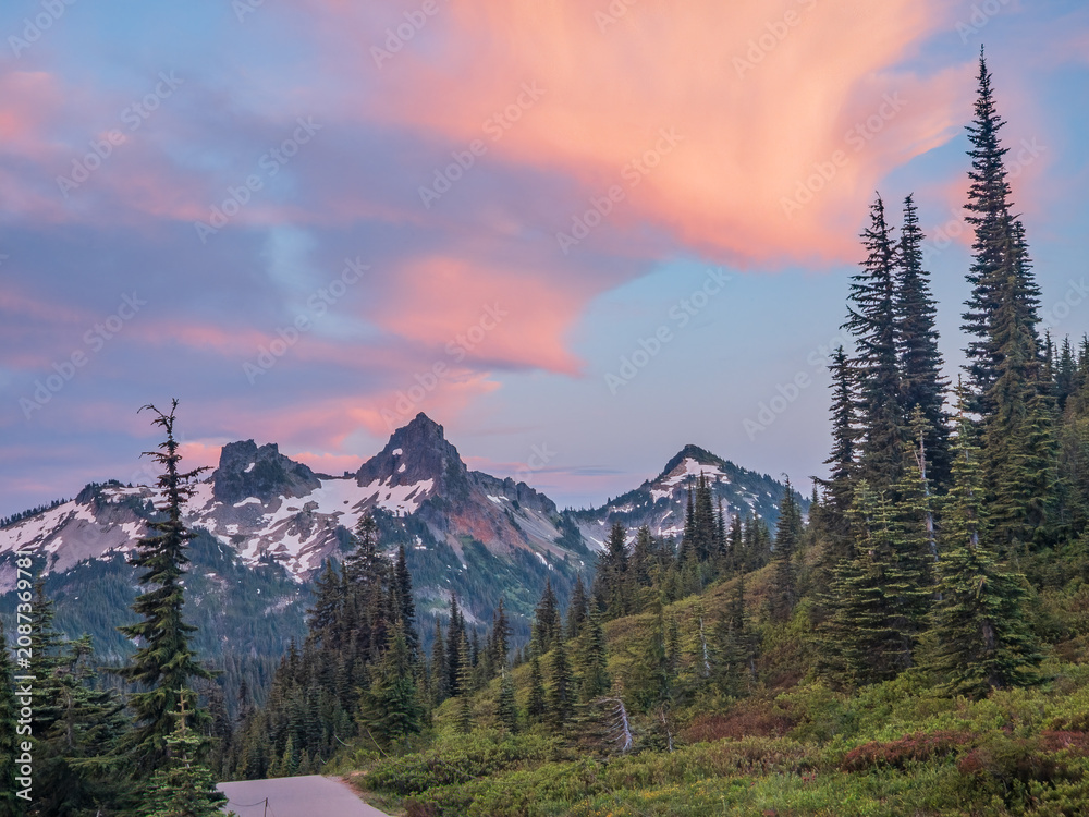Naklejka premium Snowy mountain peaks and evergreen forest at sunset in Washington