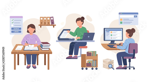 Office workers organizing documents, data entry, digital archive, business workflow