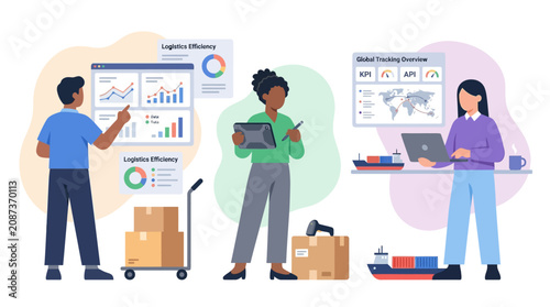 Business team analyzing global trade logistics and data for efficiency and growth.