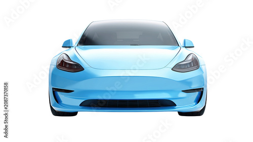Blue electric sedan front view for automotive marketing.


